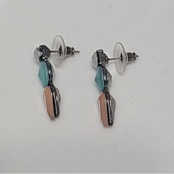 Vintage J Crew Turquoise Orange Crystal Drop Bar Colourblock Geometic Earrings - Picture 14 of 16